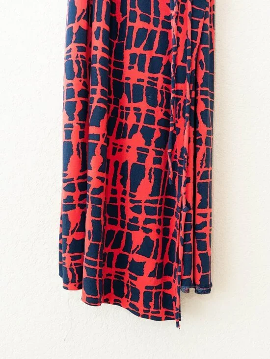 Michael Kors Wrap Dress M Red Blue Abstract Print Knee Length Tie Waist Stretch - Picture 5 of 11
